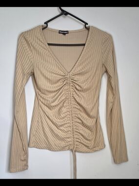 Wearever Beige Ruched V-Neck Long Sleeve Top